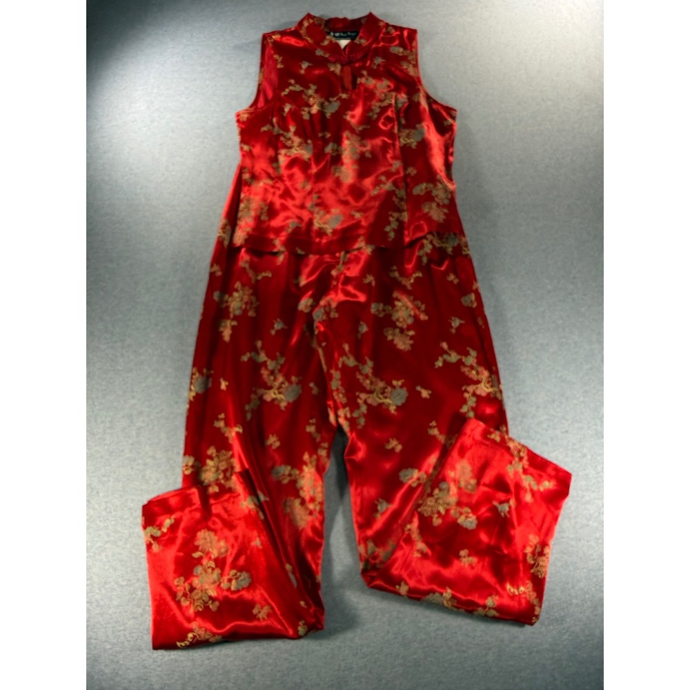 Vintage All That Jazz Red Asian Brocade 2 Piece Pants Set Mandarin Collar 11/12